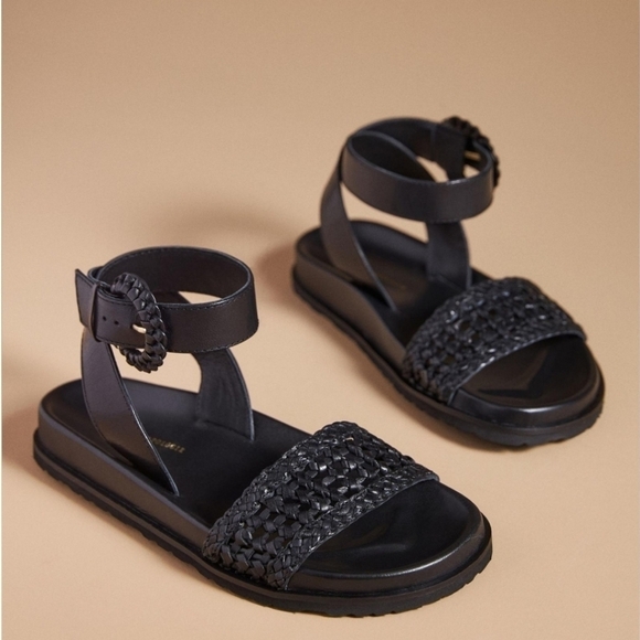 Anthropologie Shoes - By Anthropologie Black Leather Ankle Strap Woven Sandals
